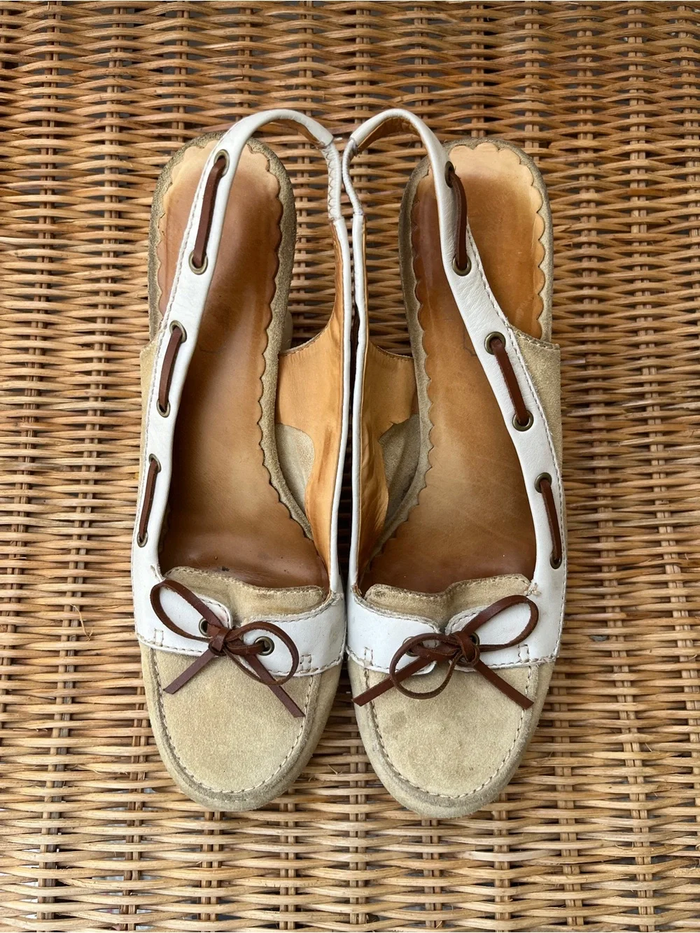 Coach Athena White and Tan Women's Slingback Loafer Wedges